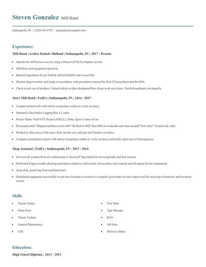 Mill Hand Resume