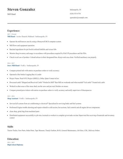 Mill Hand Resume