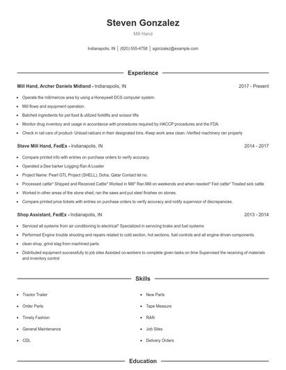 Mill Hand Resume