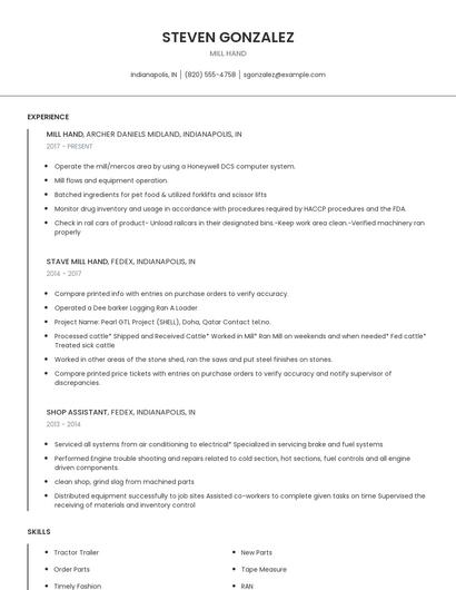 Mill Hand Resume