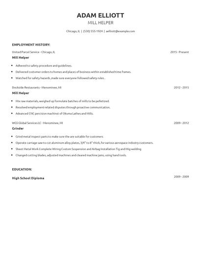 Mill Helper Resume