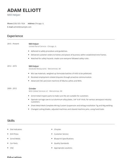Mill Helper Resume