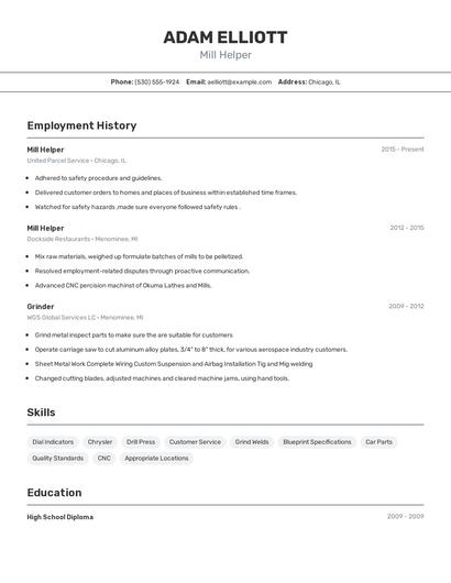 Mill Helper Resume