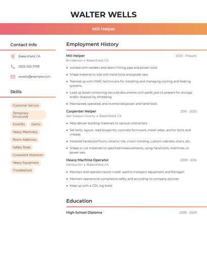 Mill Helper Resume