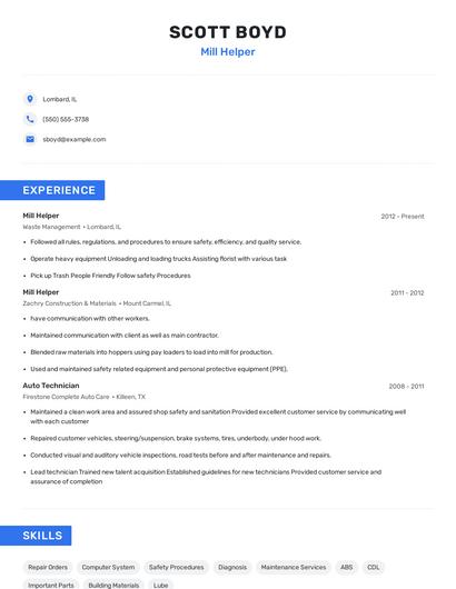 Mill Helper Resume