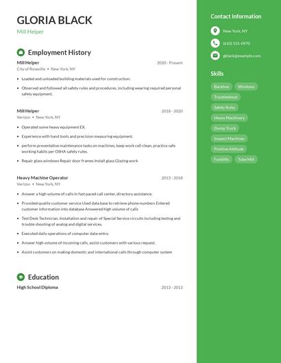 Mill Helper Resume