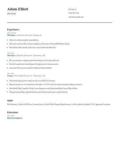 Mill Helper Resume