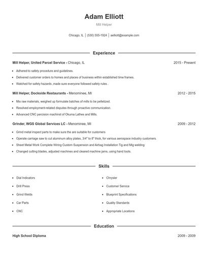 Mill Helper Resume