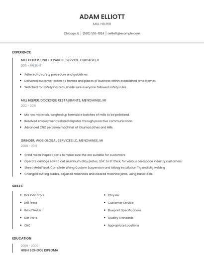Mill Helper Resume