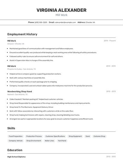 Mill Work Resume