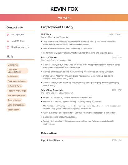 Mill Work Resume
