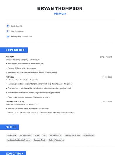 Mill Work Resume
