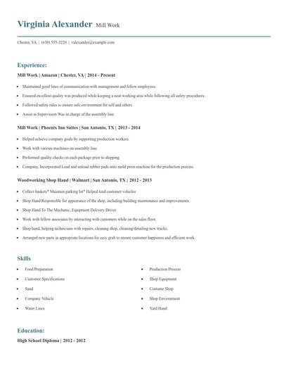 Mill Work Resume