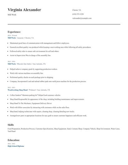 Mill Work Resume