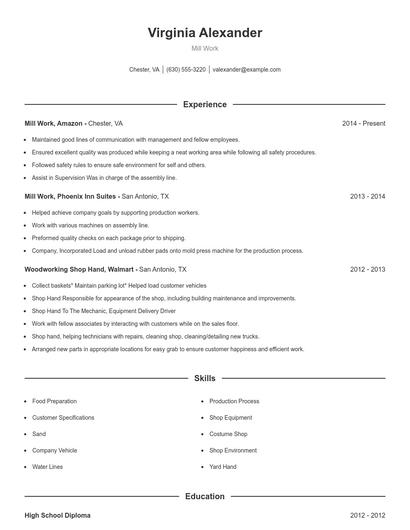 Mill Work Resume