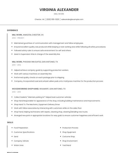 Mill Work Resume