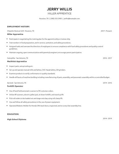 Miller Apprentice Resume