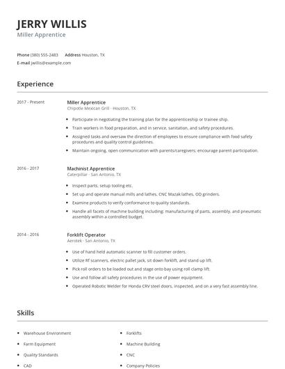 Miller Apprentice Resume