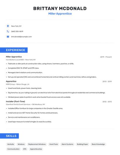 Miller Apprentice Resume