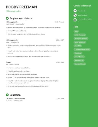 Miller Apprentice Resume