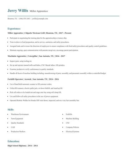 Miller Apprentice Resume