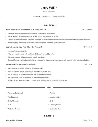 Miller Apprentice Resume