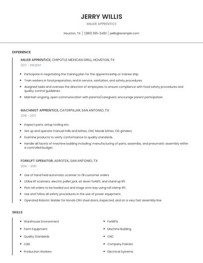 Miller Apprentice Resume