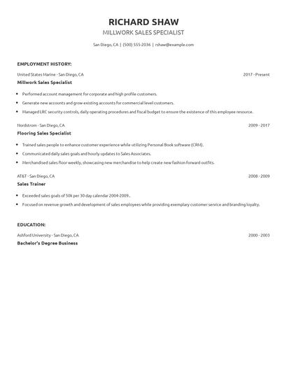 Millwork Sales Specialist Resume