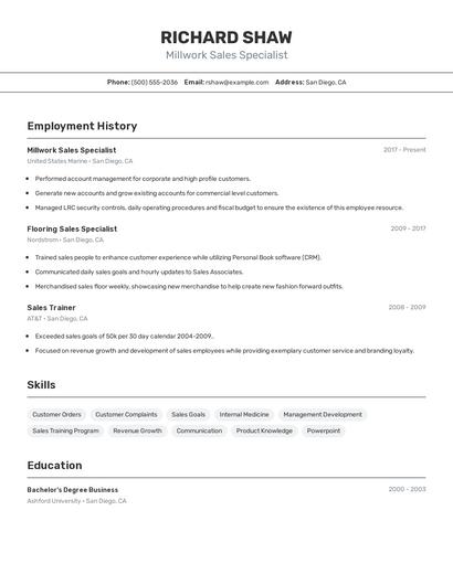 Millwork Sales Specialist Resume