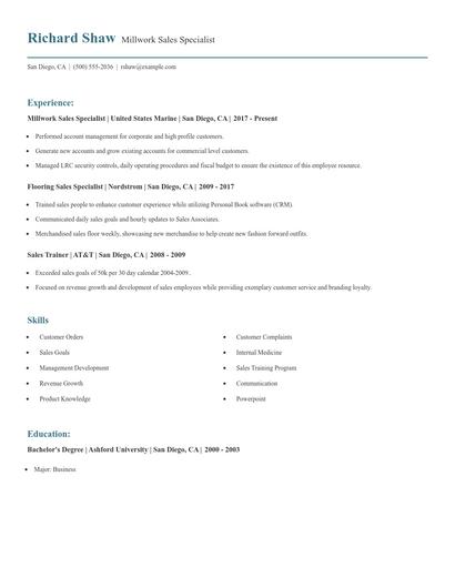 Millwork Sales Specialist Resume