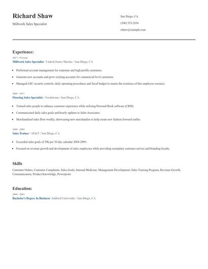 Millwork Sales Specialist Resume