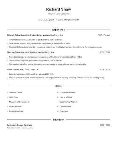 Millwork Sales Specialist Resume