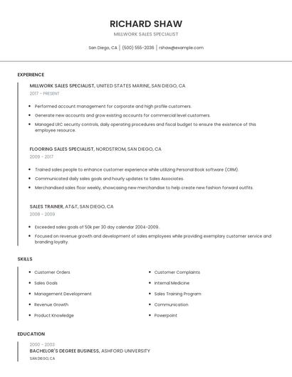 Millwork Sales Specialist Resume