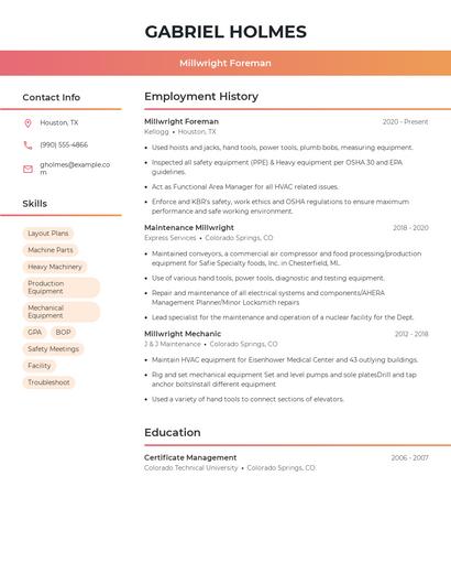 Millwright Foreman Resume