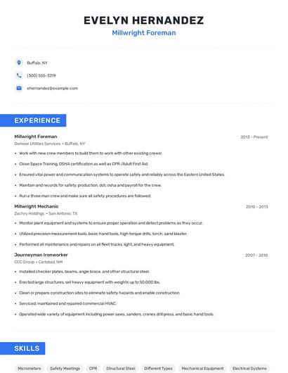Millwright Foreman Resume