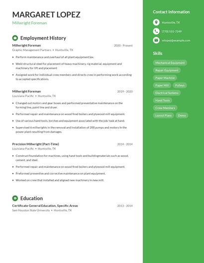 Millwright Foreman Resume
