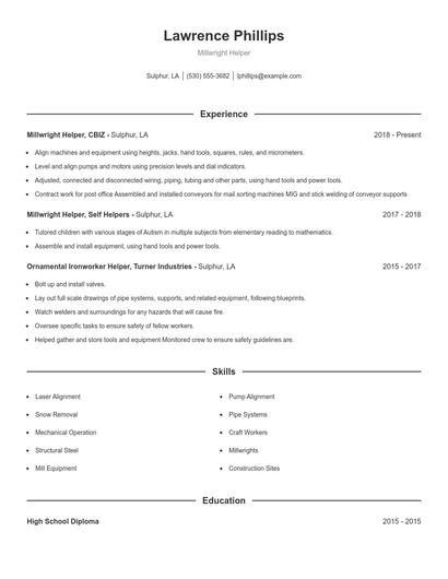 Millwright Helper Resume