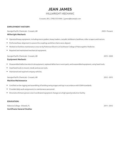 Millwright Mechanic Resume