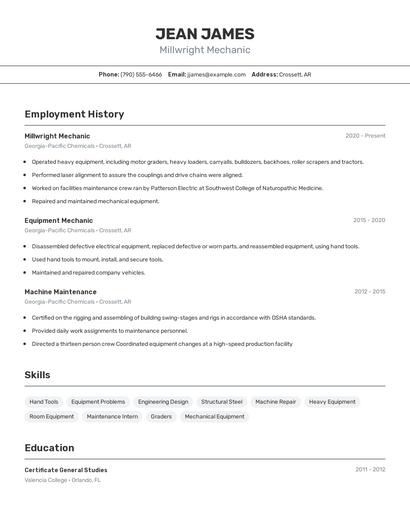 Millwright Mechanic Resume