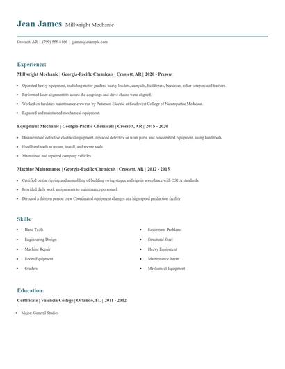 Millwright Mechanic Resume