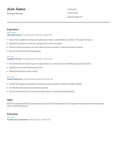 Millwright Mechanic Resume