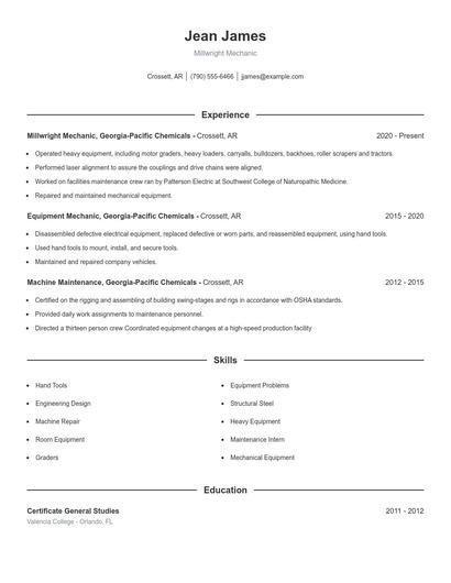 Millwright Mechanic Resume