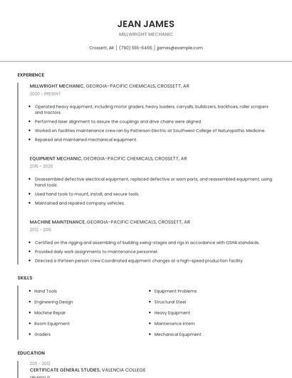 Millwright Mechanic Resume