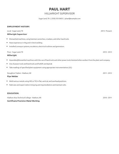 Millwright Supervisor Resume
