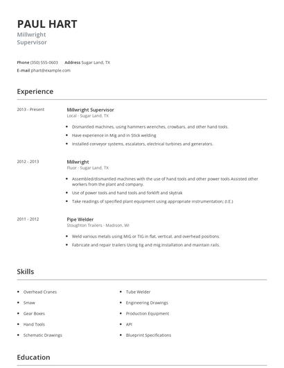 Millwright Supervisor Resume