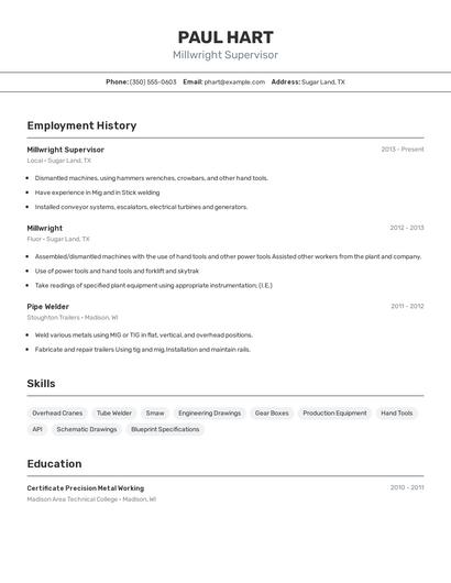 Millwright Supervisor Resume