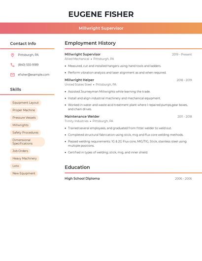 Millwright Supervisor Resume