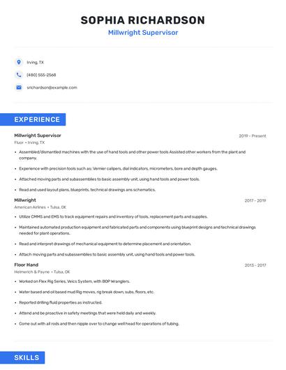 Millwright Supervisor Resume