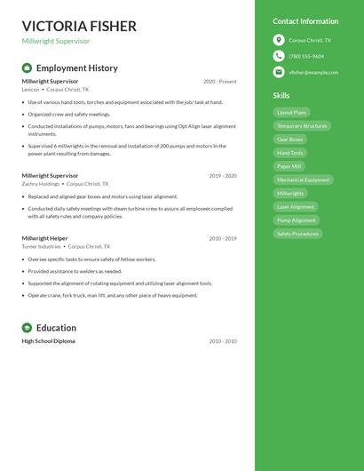 Millwright Supervisor Resume