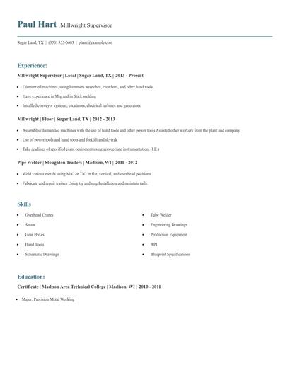 Millwright Supervisor Resume